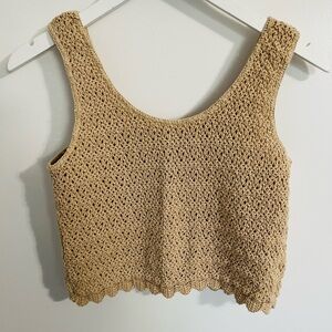 Moda International Boho Crochet 100% Cotton Knit Tank Top Tan Sz S Casual